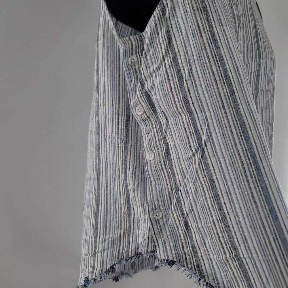 CLOTH & STONE Blue White Striped Tank Top Linen Blend Buttons Raw Hem Edge Large - Picture 3 of 7